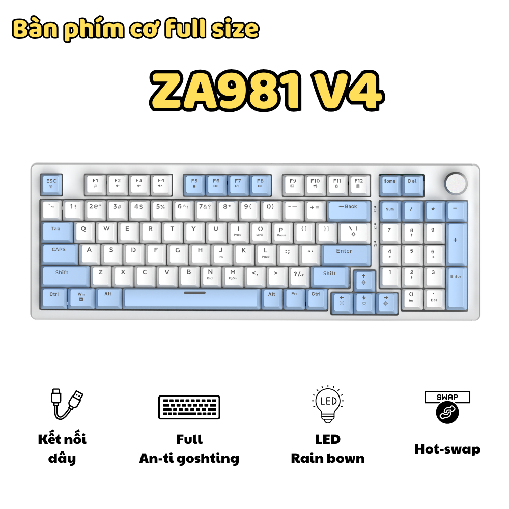 Bàn Phím Cơ Gaming ZA981 V4 Red Switch | Hot Swap, LED Rainbow, Anti-Ghosting, Núm Kim Loại | BigBuy360 - bigbuy360.vn