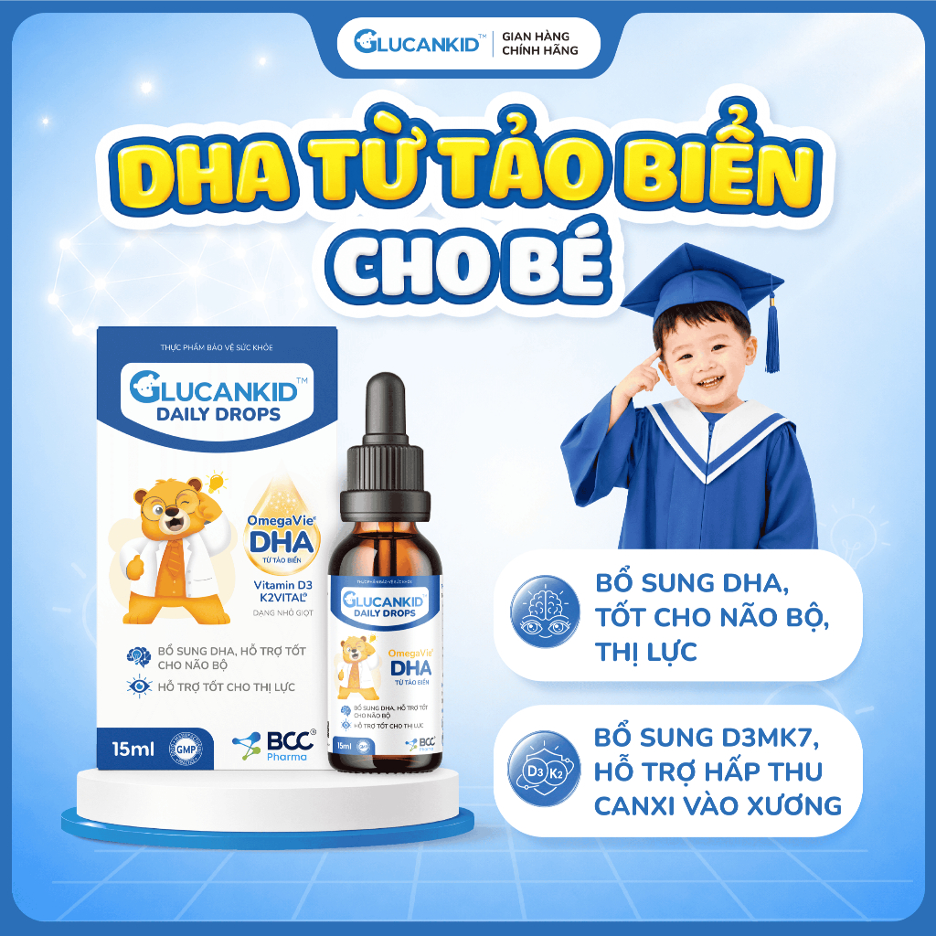DHA cho bé Glucankid Daily Drops - Bổ sung DHA và D3MK7, hỗ trợ phát triển trí não và thị lực cho bé