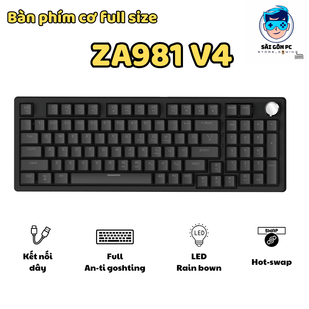 Bàn Phím Cơ Gaming ZA981 V4 Red Switch | Hot Swap, LED Rainbow, Anti-Ghosting, Núm Kim Loại