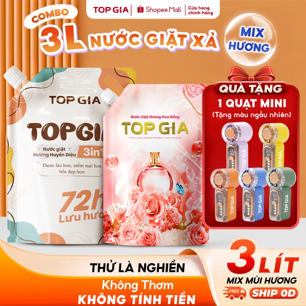 [TẶNG QUẠT MINI] Combo 3L Nước Giặt Xả TopGia 3in1 Hương Huyền Diệu Hoa Nắng, Túi 2L,1L