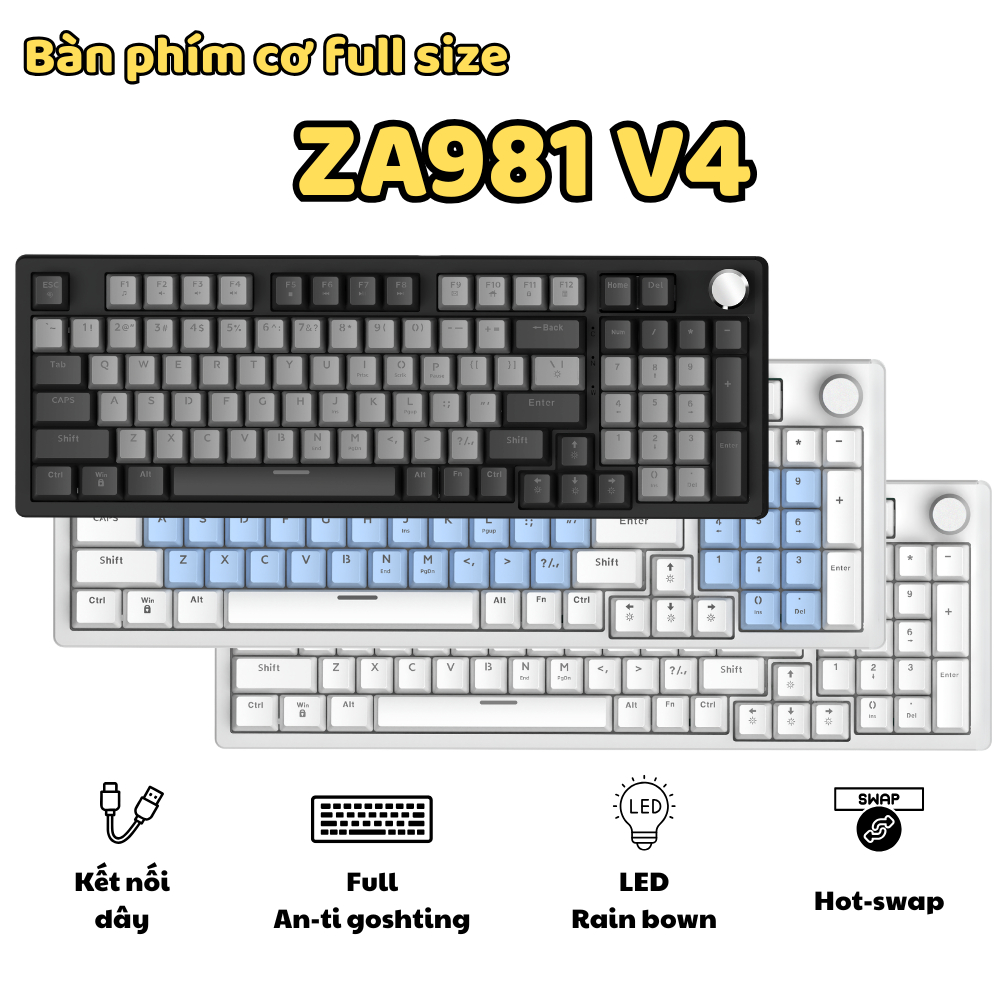 Bàn Phím Cơ Gaming ZA981 V4 Red Switch | Hot Swap, LED Rainbow, Anti-Ghosting, Núm Kim Loại | BigBuy360 - bigbuy360.vn