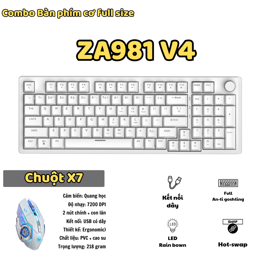 Bàn Phím Cơ Gaming ZA981 V4 Red Switch | Hot Swap, LED Rainbow, Anti-Ghosting, Núm Kim Loại | BigBuy360 - bigbuy360.vn
