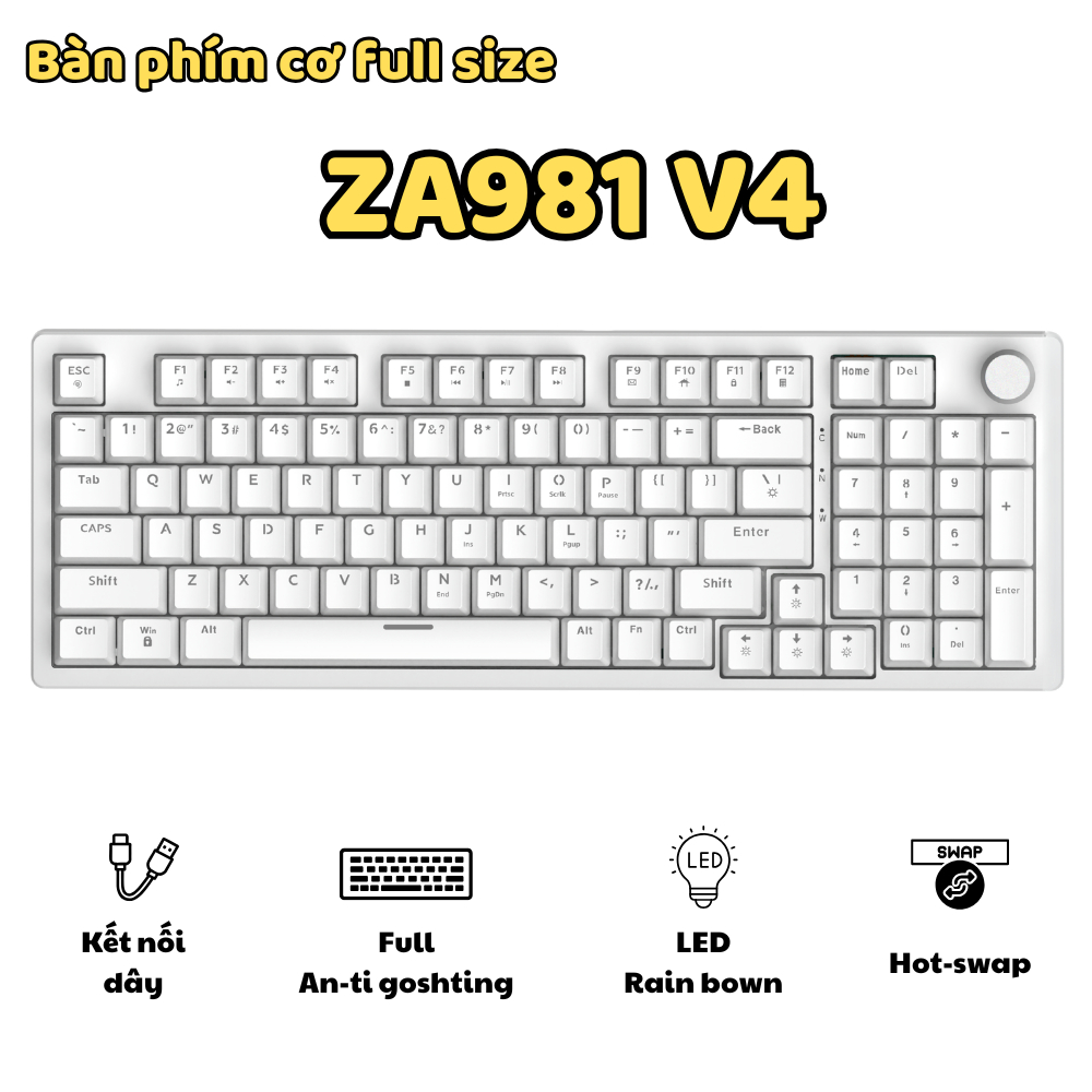 Bàn Phím Cơ Gaming ZA981 V4 Red Switch | Hot Swap, LED Rainbow, Anti-Ghosting, Núm Kim Loại | BigBuy360 - bigbuy360.vn