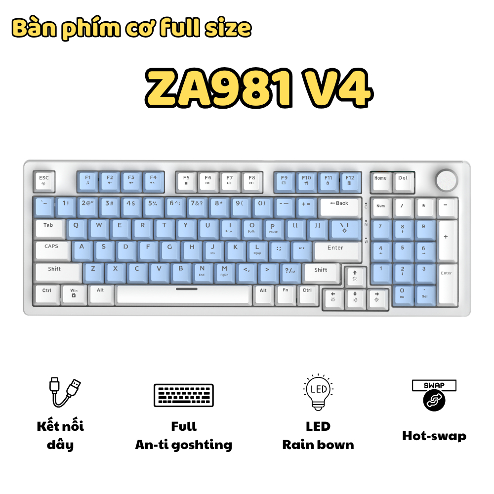 Bàn Phím Cơ Gaming ZA981 V4 Red Switch | Hot Swap, LED Rainbow, Anti-Ghosting, Núm Kim Loại | BigBuy360 - bigbuy360.vn