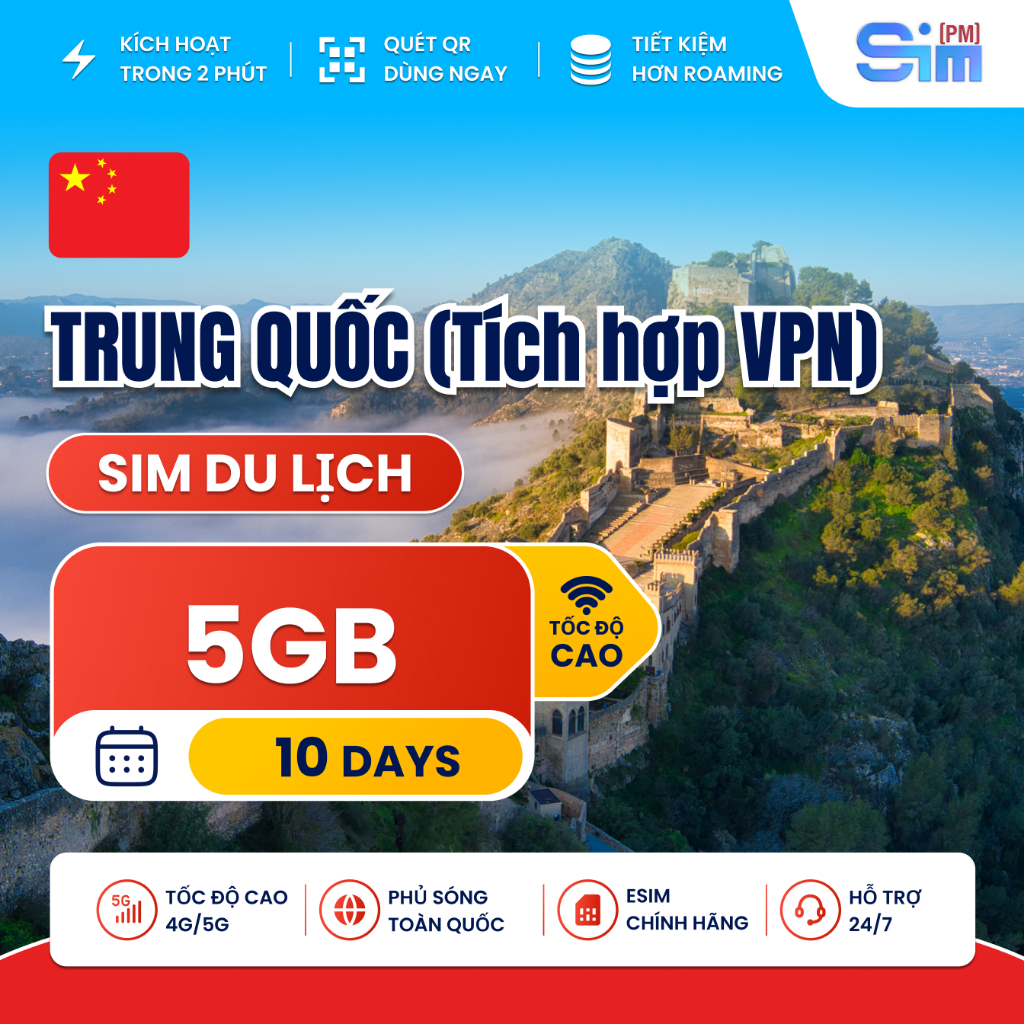 Sim du lịch Trung Quốc 10 ngày 5GB tích hợp sẵn VPN truy cập mạng xã hội tốc độ cao