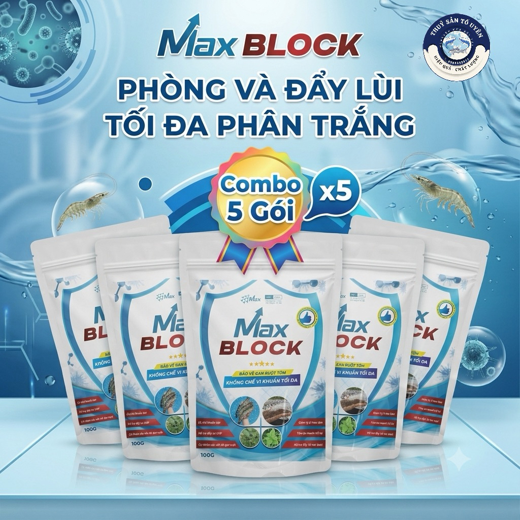 Combo 5 Gói Max Block ANTI EHP - Phòng Tôm chậm lớn ,bảo vệ Gan và Đường Ruột Tôm, đẩy lùi EHP tối đ