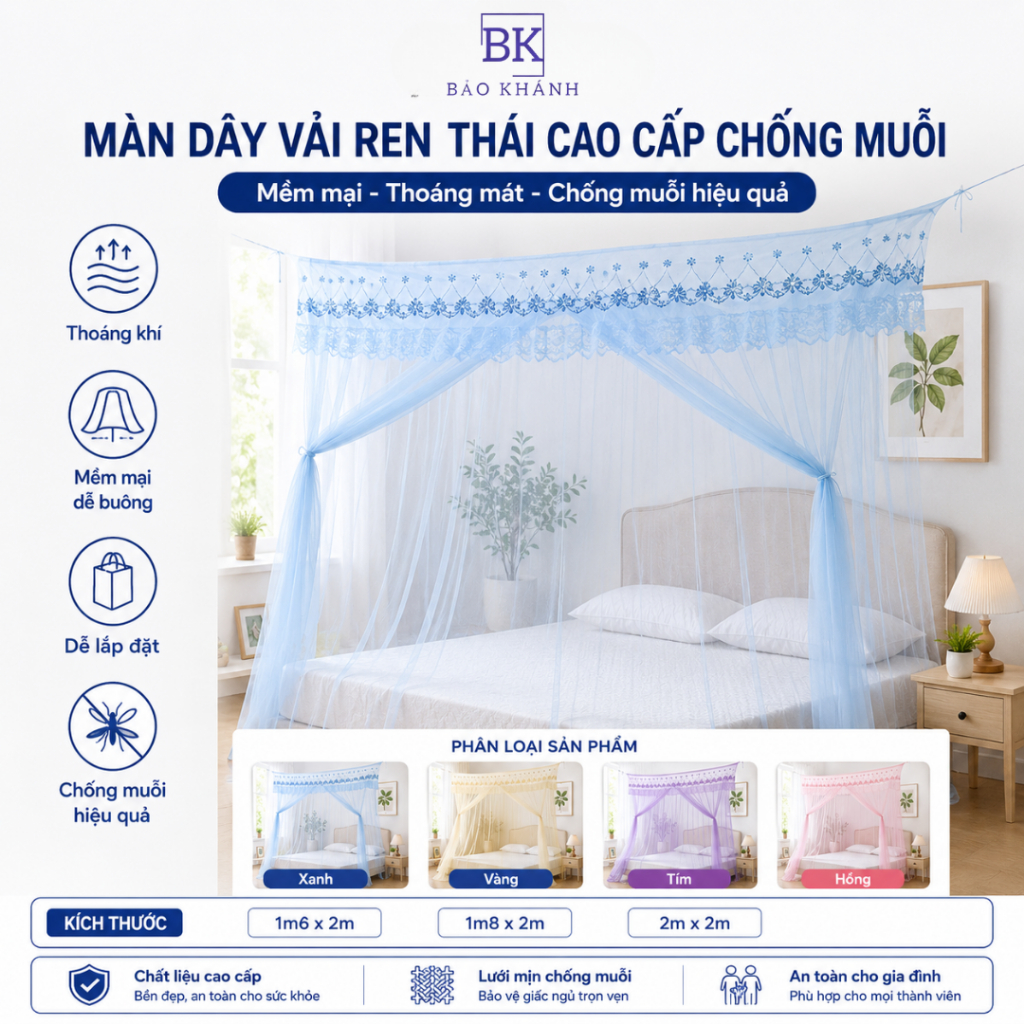 MÀN DÂY VẢI REN THÁI CAO CẤP CHỐNG MUỖI BK SHOP – DECOR PHÒNG NGỦ SANG TRỌNG