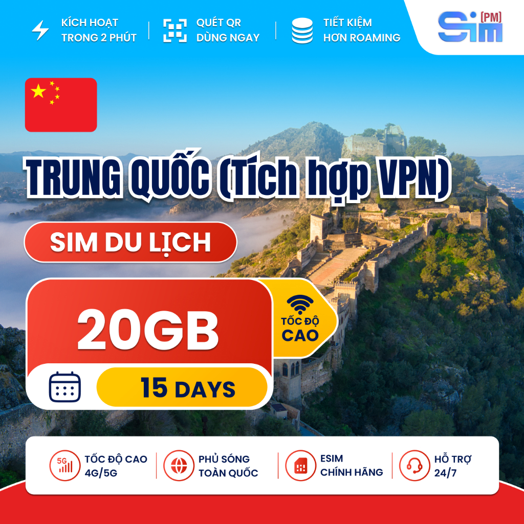 Sim du lịch Trung Quốc 15 ngày 20GB tích hợp sẵn VPN truy cập mạng xã hội tốc độ cao