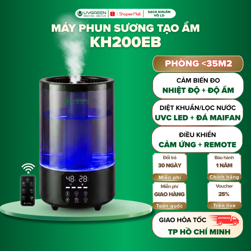 [HO] Máy Phun Sương Tạo Ẩm UVGREEN KH200 5 Lít, Sương Siêu Mịn, UVC Diệt Khuẩn, Xông Tinh Dầu