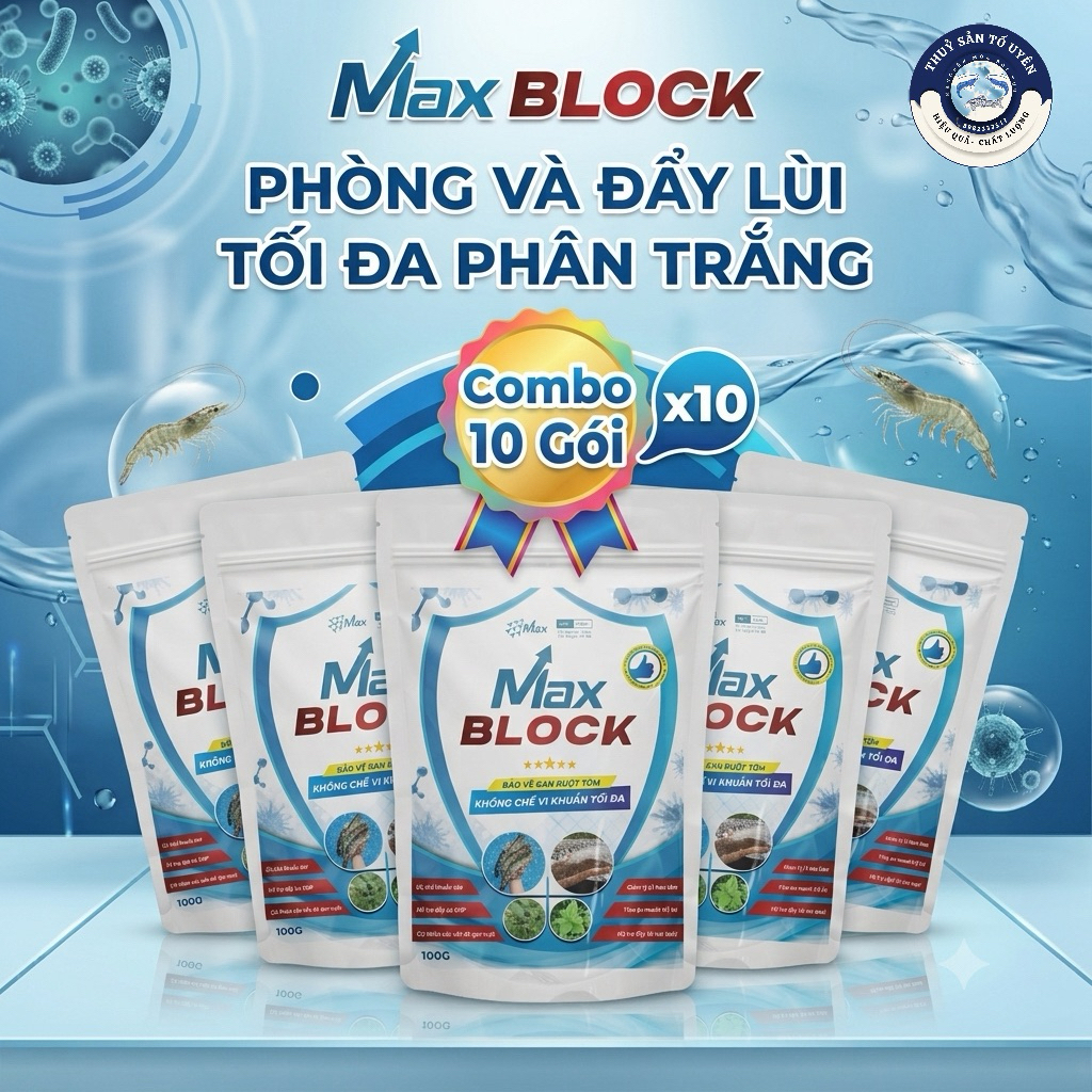 Combo 10 Gói Max Block ANTI EHP - Phòng Tôm chậm lớn ,bảo vệ Gan và Đường Ruột Tôm, đẩy lùi EHP tối 