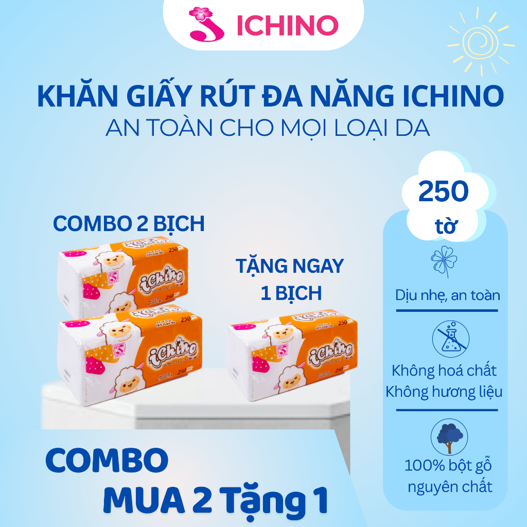 [COMBO 2 GÓI TẶNG 1 GÓI] Giấy Rút ICHINO 250 Tờ Bột Gỗ Nguyên Sinh, Không Paraben, Không Mùi, An Toà