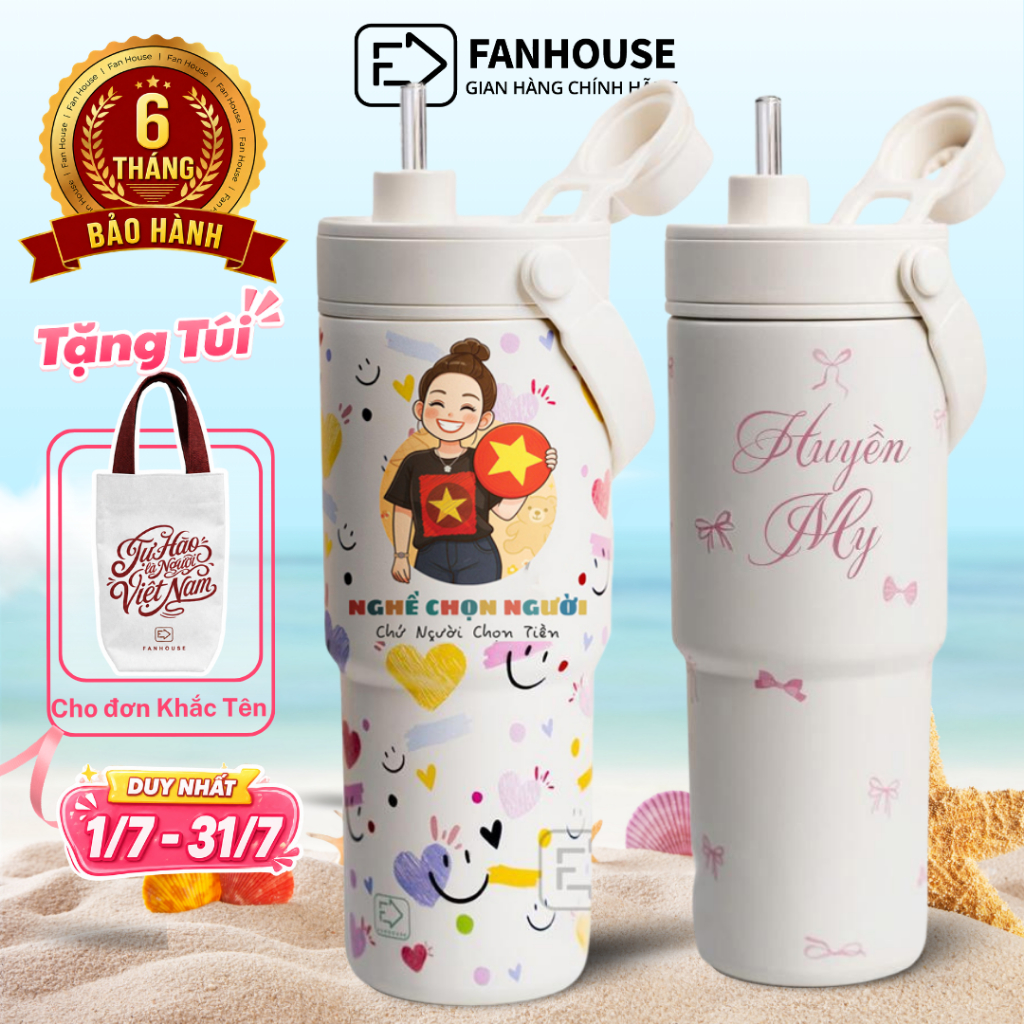 Ly giữ nhiệt Simply cao cấp Inox 316 Phủ Sứ, cốc giữ nhiệt Fan House 735ml ống hút thủy tinh