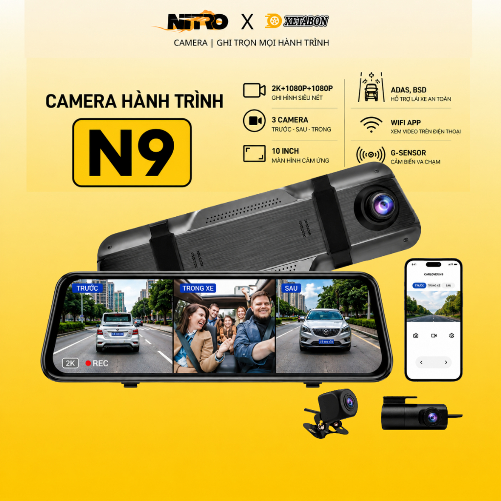 Camera hành trình gương N9 CARLOVER kết nối điện thoại ghi hình trong khoang lái, cảnh báo ADAS, BSD