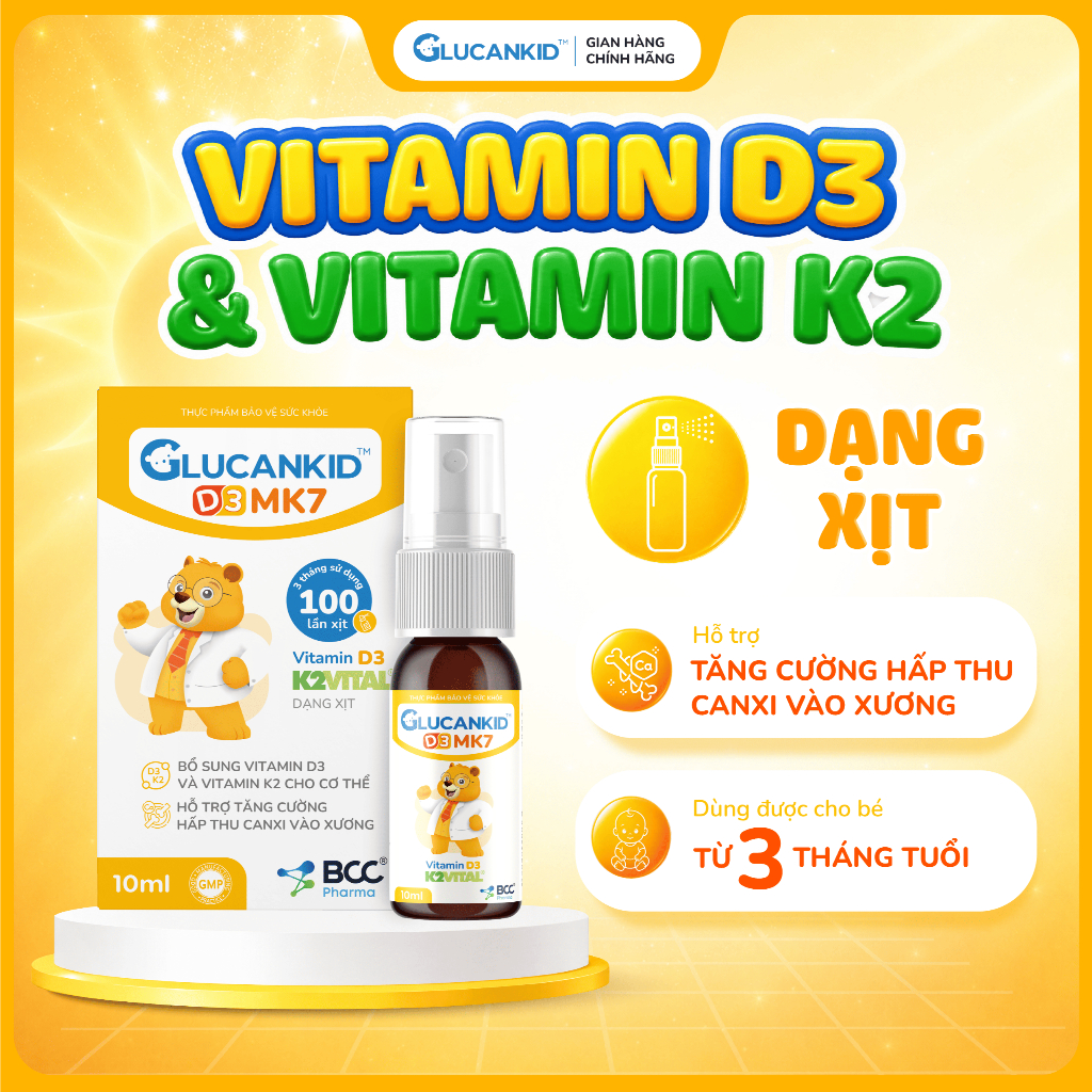 TPBVSK Glucankid D3MK7 dạng xịt, hỗ trợ bổ sung Vitamin D3 K2, tăng cường hấp thu canxi cho bé BCC P