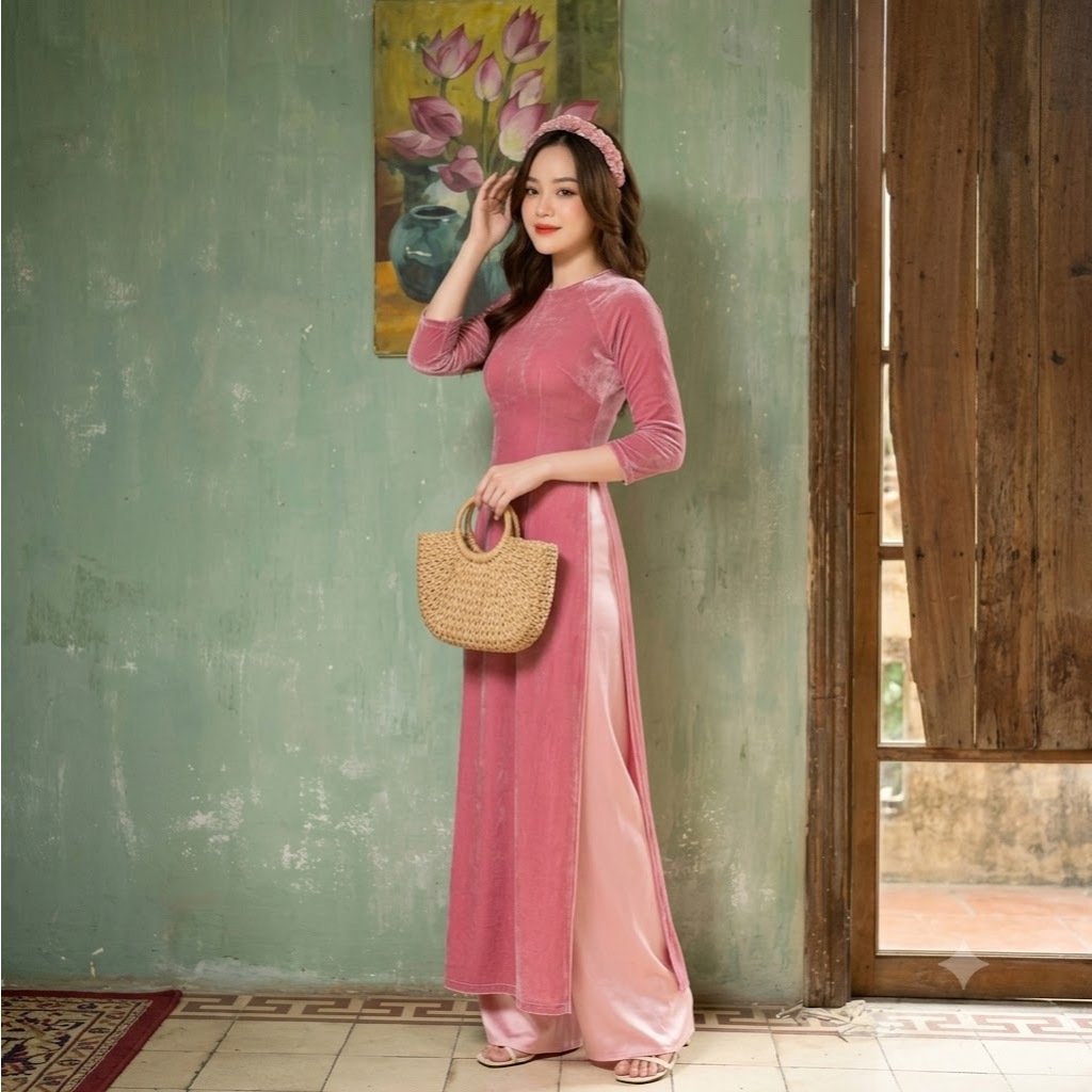 E176 - Áo Dài Nhung Trơn Màu Hồng Cổ Tròn Tay Lỡ Thanh Lịch Sang Trọng