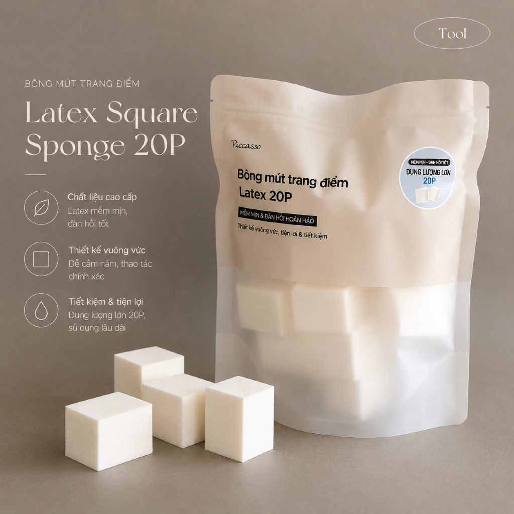 Bông Mút Trang Điểm Piccasso Latex Square Sponge Refill 20P Mút Vuông Tán Nền Mịn, Bản Refill