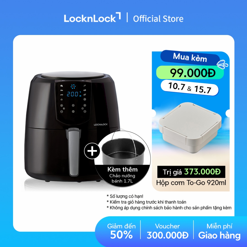 Nồi Chiên Không Dầu Lock&Lock Jumbo Plus Air Fryer 5.2L Màu-đen EJF357BLK 8 menu sẵn, giảm chất béo, giữ ấm