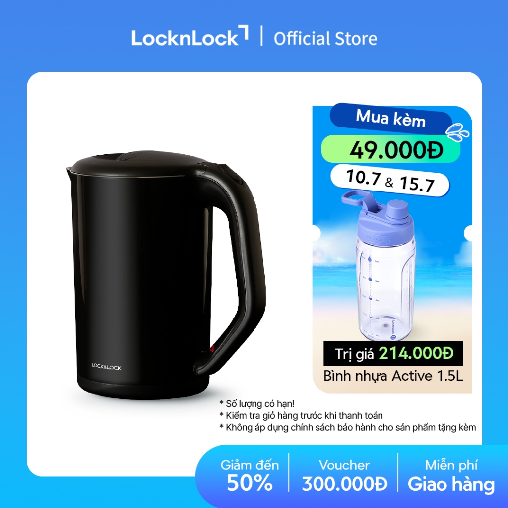 Ấm đun bằng thép không gỉ Lock&Lock, 1.7L màu đen EJK738BLK