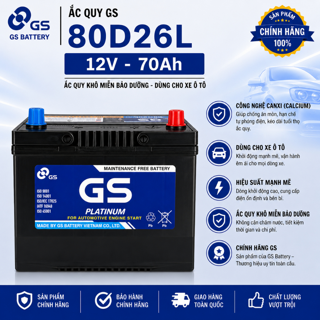 Bình ắc quy 12v miễn bảo dưỡng GS MF 80D26L (12V-70ah), chuyên sài cho ô tô, xe tải, máy phát điện
