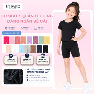 Combo 3 Quần Legging Cho Bé Gái Dáng Ngắn H&T, Chất Rib Cotton 4 Chiều Mềm Mịn Co Giãn Thoáng Mát, Cho Bé 8-35kg-QDBG018