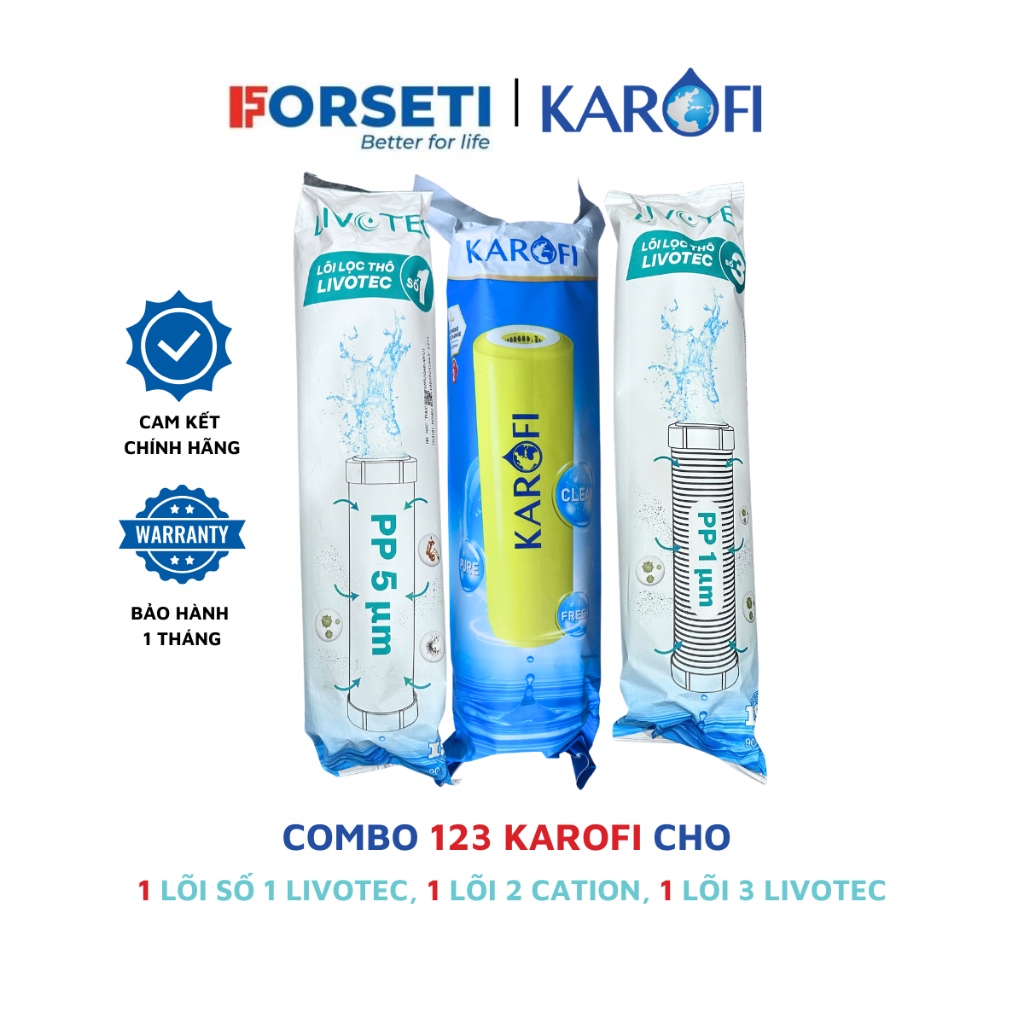 Combo 3 lõi lọc nước Karofi chính hãng: Lõi số 1, Lõi 2 Cation vàng, Lõi số 3