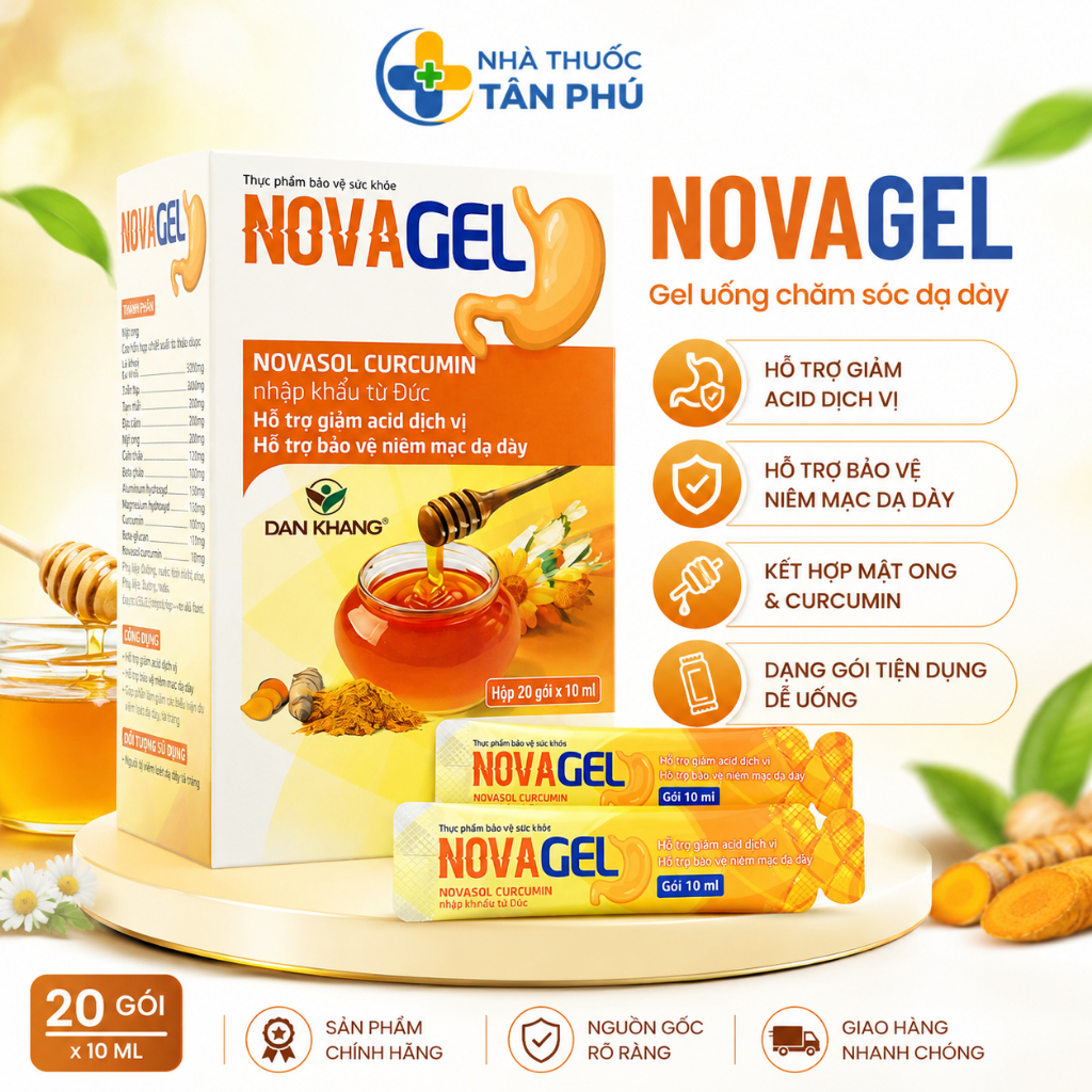 Gel Dạ Dày Novagel Dân Khang – Hỗ Trợ Trào Ngược, Dịu Dạ Dày, Bảo Vệ Niêm Mạc | Hộp 20 Gói