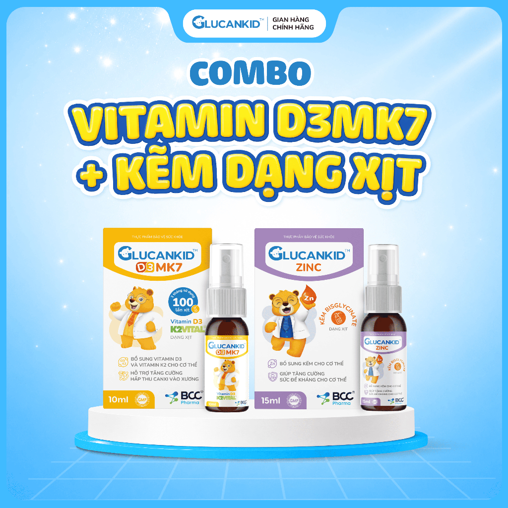 [Combo D3MK7 + Kẽm Glucankid] - Bổ sung Vitamin D3K2, bổ sung kẽm, hỗ trợ tăng sức đề kháng - TPBVSK