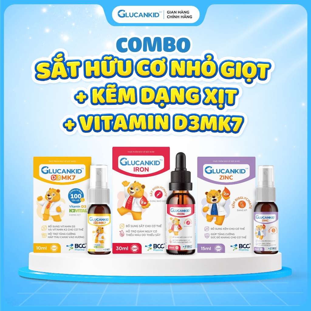 [Combo D3MK7 + Sắt + Kẽm Glucankid] - Bổ sung Vitamin D3K2, bổ sung sắt và kẽm, hỗ trợ tăng sức đề k