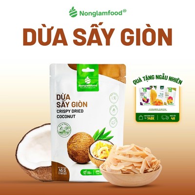 Dừa Khô Sấy Giòn NONGLAMFOOD Thơm Béo Giòn Rụm Trái Cây Sấy Đồ Ăn Vặt Văn Phòng Túi 45g