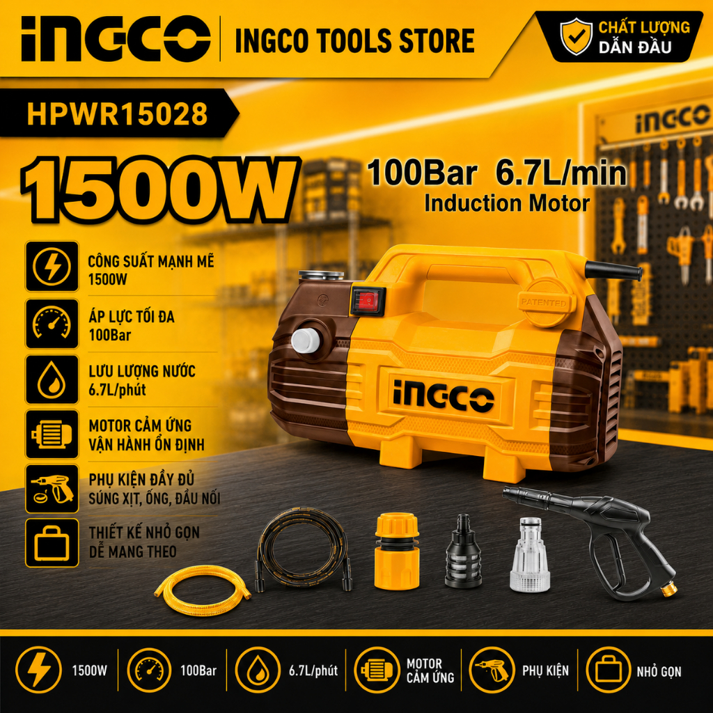 Máy Rửa Xe Áp Lực Cao 1500W INGCO HPWR15028 | Động Cơ Không Chổi Than, Áp Lực 100 Bar Mạnh Mẽ