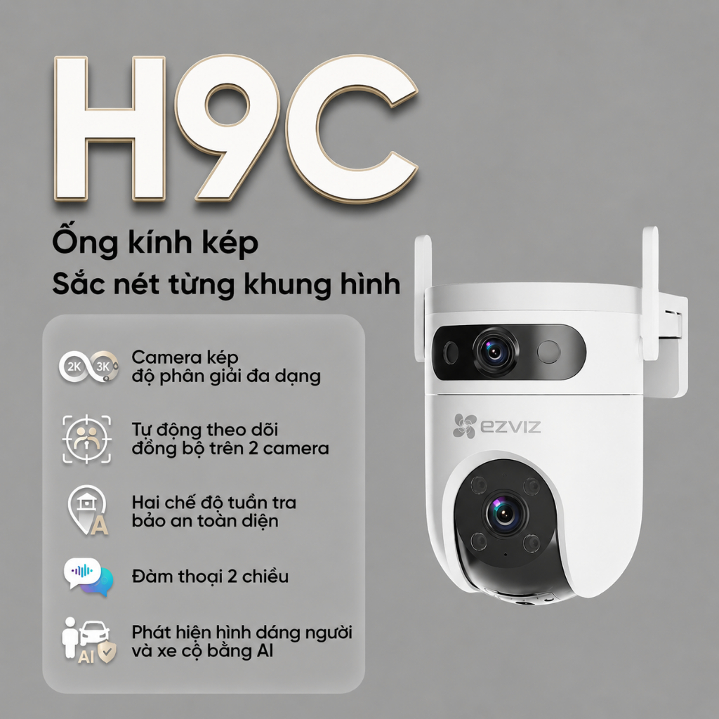 (QUÀ TẶNG đơn cam+ thẻ)Camera Wifi Ezviz 2 Mắt Ngoài Trời H9C 6MP/10MP–Quay Quét 360,Màu Ban Đêm