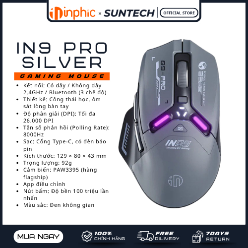 Chuột Gaming INPHIC IN9 PRO Xám | Flagship PAW3395, 8000Hz, 26000 DPI, 3 Chế Độ, Switch 100M, Cao Cấ