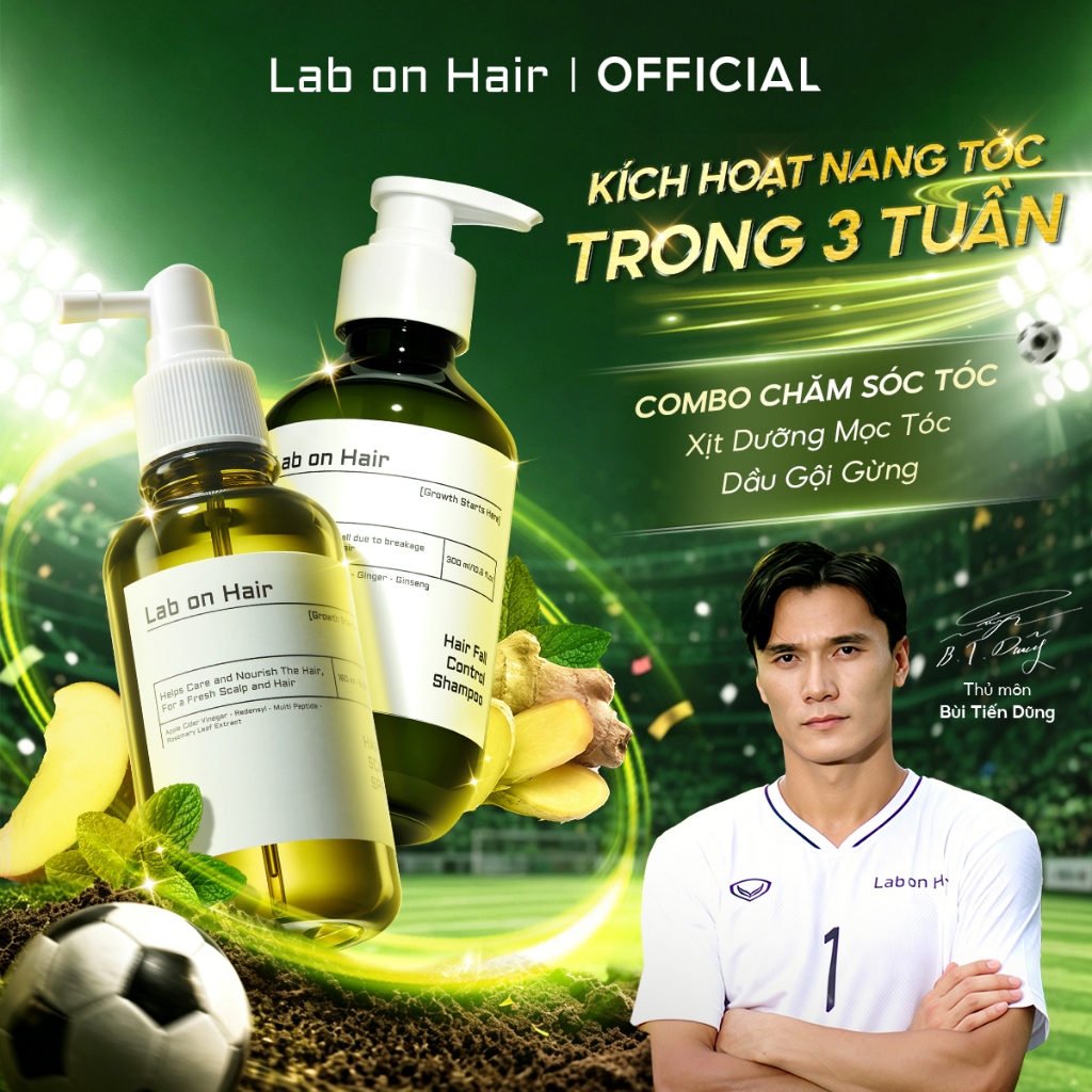 Combo xịt mọc tóc+ dầu gội gừng Lab on Hair dưỡng tóc 160ml+300ml hỗ trợ dưỡng ẩm và cải thiện tình 