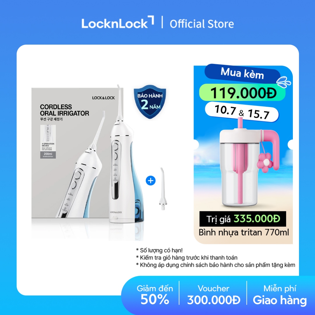 Máy tăm nước không dây 4 chế độ dùng được răng niềng Lock&Lock Cordless Oral Irrigator 200ml - Màu xanh - ENR156BLU