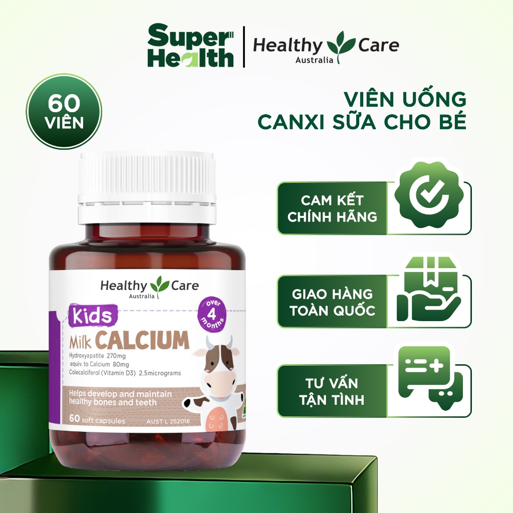 Canxi Sữa Cho Bé Healthy Care Kids Milk Calcium 60 Viên ÚC Bổ Sung Canxi Và Vitamin D3