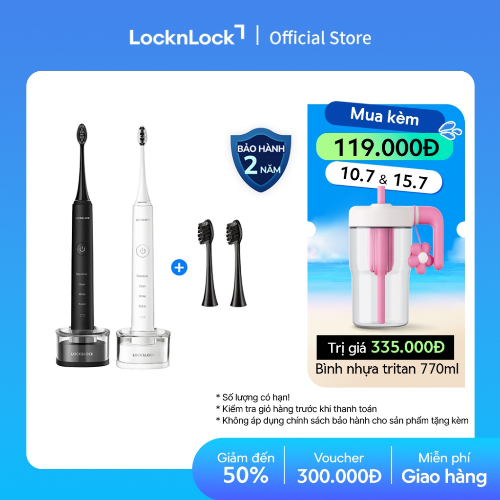 Bàn chải đánh răng điện Lock&Lock 4 chế độ, chống nước, sạc không dây ENR346 (màu trắng & màu đen)
