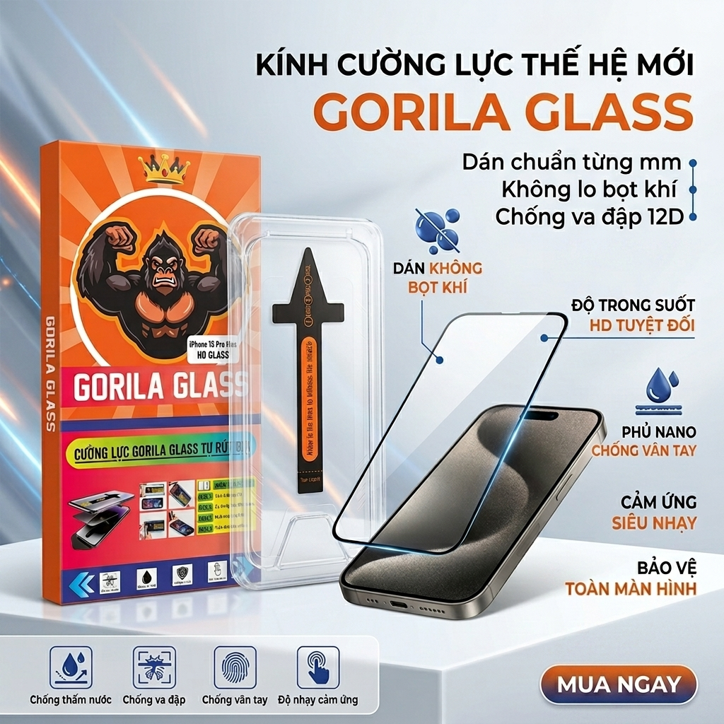Kính Cường Lực GORILA GLASS Kèm Khung Tự Dán HD Cho iPhone X 11 12 13 14 15 16 17 Series