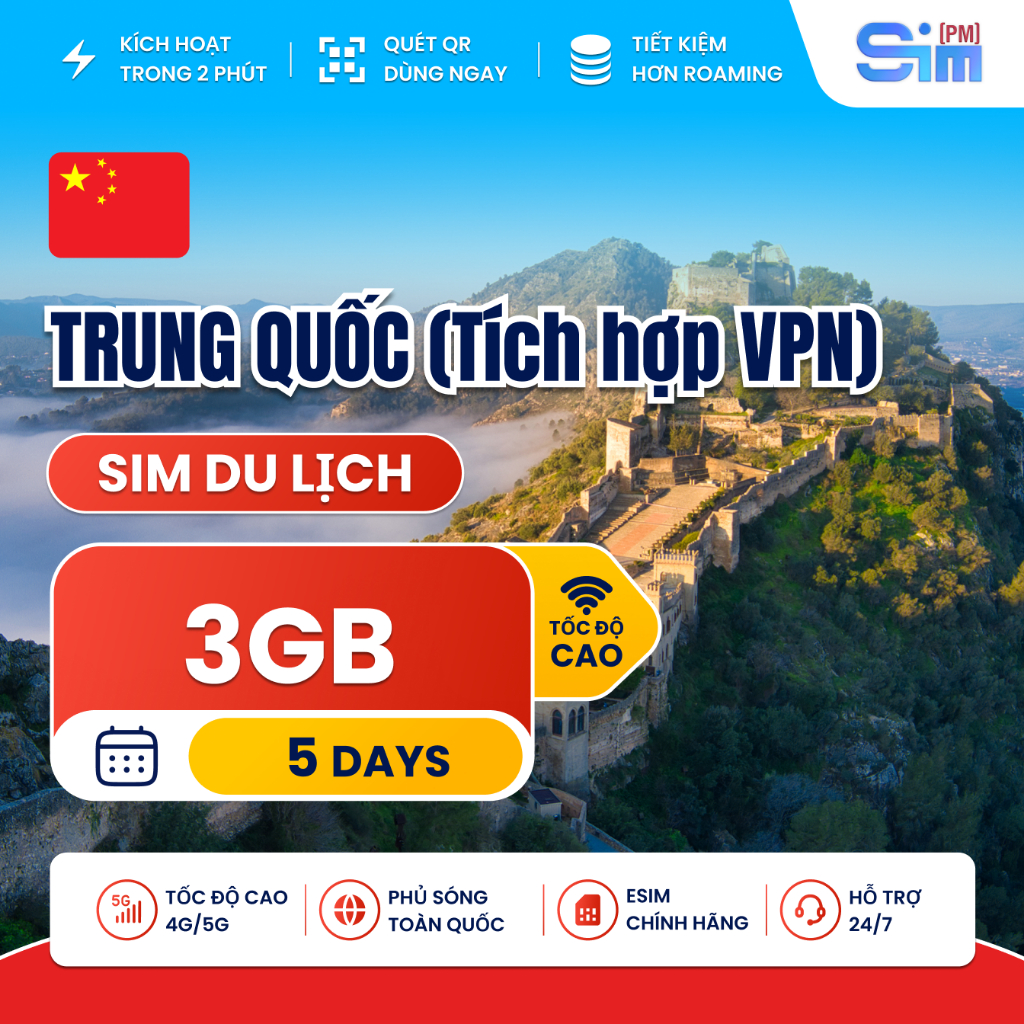 Sim du lịch Trung Quốc 5 ngày 3GB tích hợp sẵn VPN truy cập mạng xã hội tốc độ cao