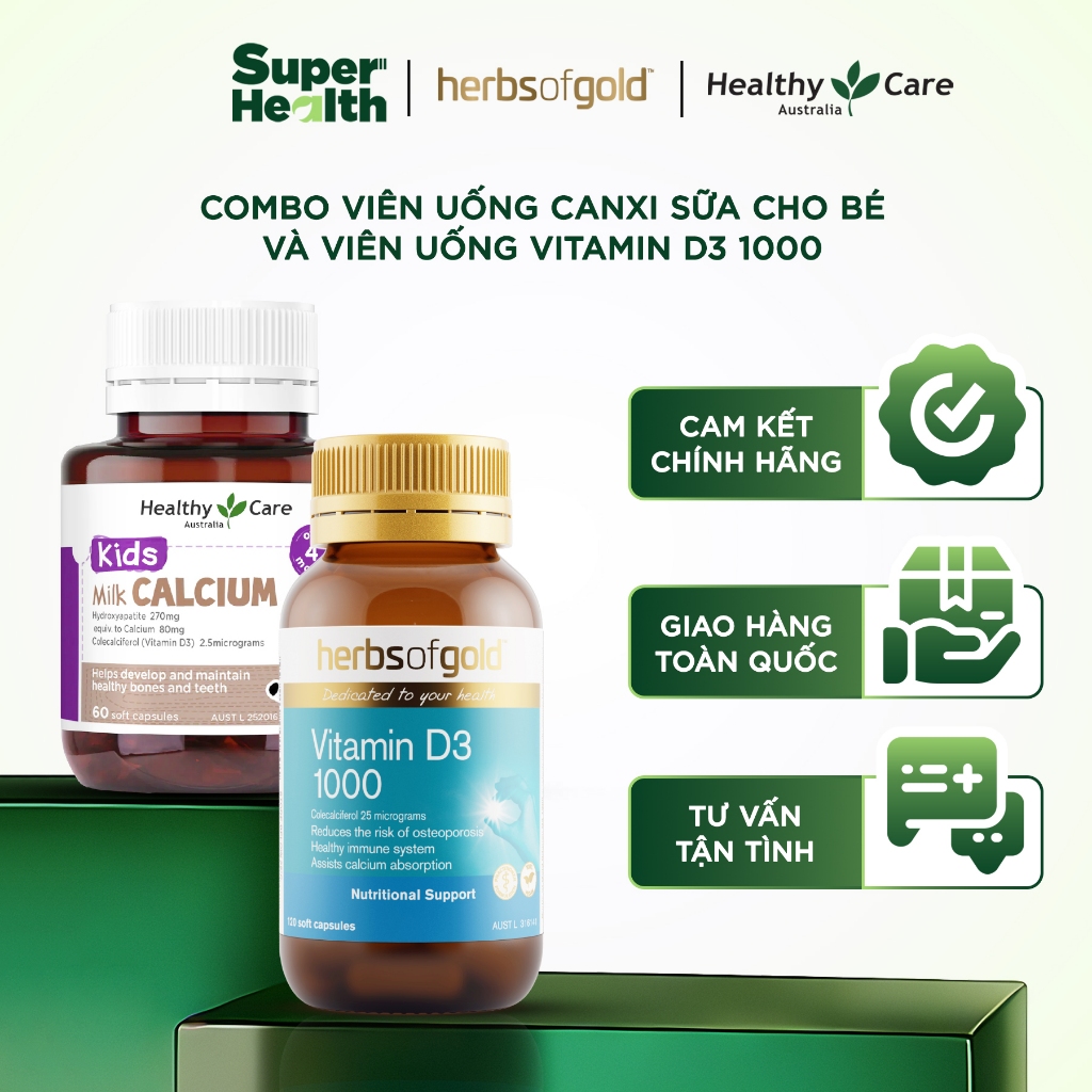 COMBO Viên Uống Healthy Care Kids Milk Calcium 270mg 60 Viên Và Viên Uống Herbs of Gold Vitamin D3 1