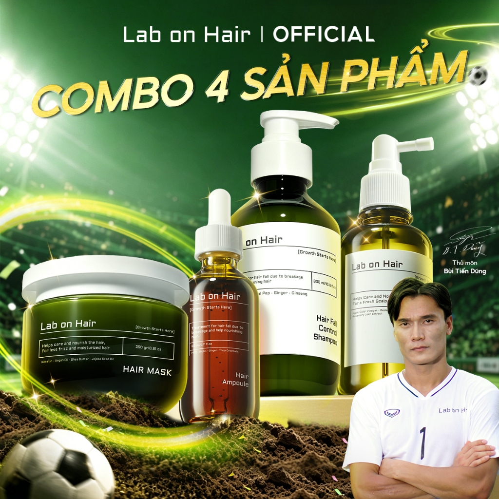 Combo dầu gội đầu+kem ủ tóc+xịt mọc tóc+tinh chất sâm gừng Lab on hair 300ml +250ml +160ml+60ml dưỡn
