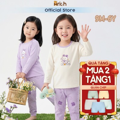 Bộ dài tay bé gái Arich Mochi, đồ bộ dài tay vải sợi tre petit, mềm, mát size 9 tháng đến 6 tuổi