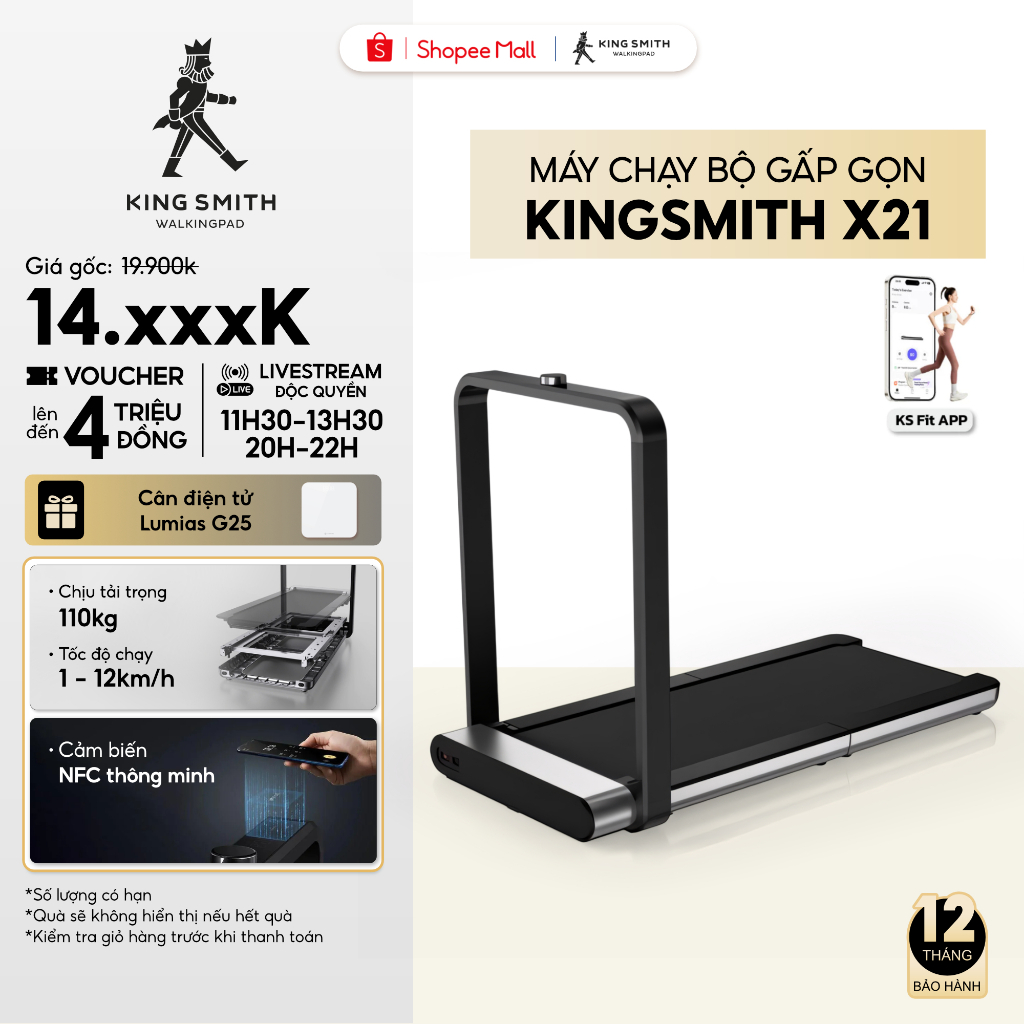 Máy chạy bộ tại nhà gấp gọn KingSmith X21 TRX21F - Tốc độ 12 km/h - Tải trọng 110kg - WalkingPad Tre