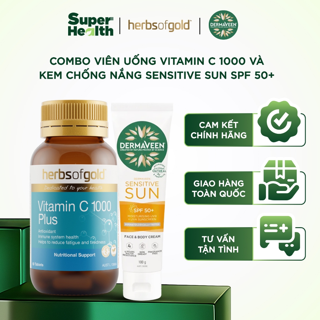 COMBO Viên uống Herbs of Gold Vitamin C 1000 Plus 60 Viên Và Kem chống nắng DermaVeen Sensitive Sun 