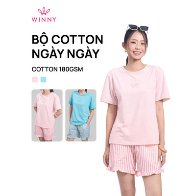 Bộ mặc nhà WINNY chất liệu cotton mát mẻ quần sọc ngắn tay ngắn thoải mái | 1MNCT26003N