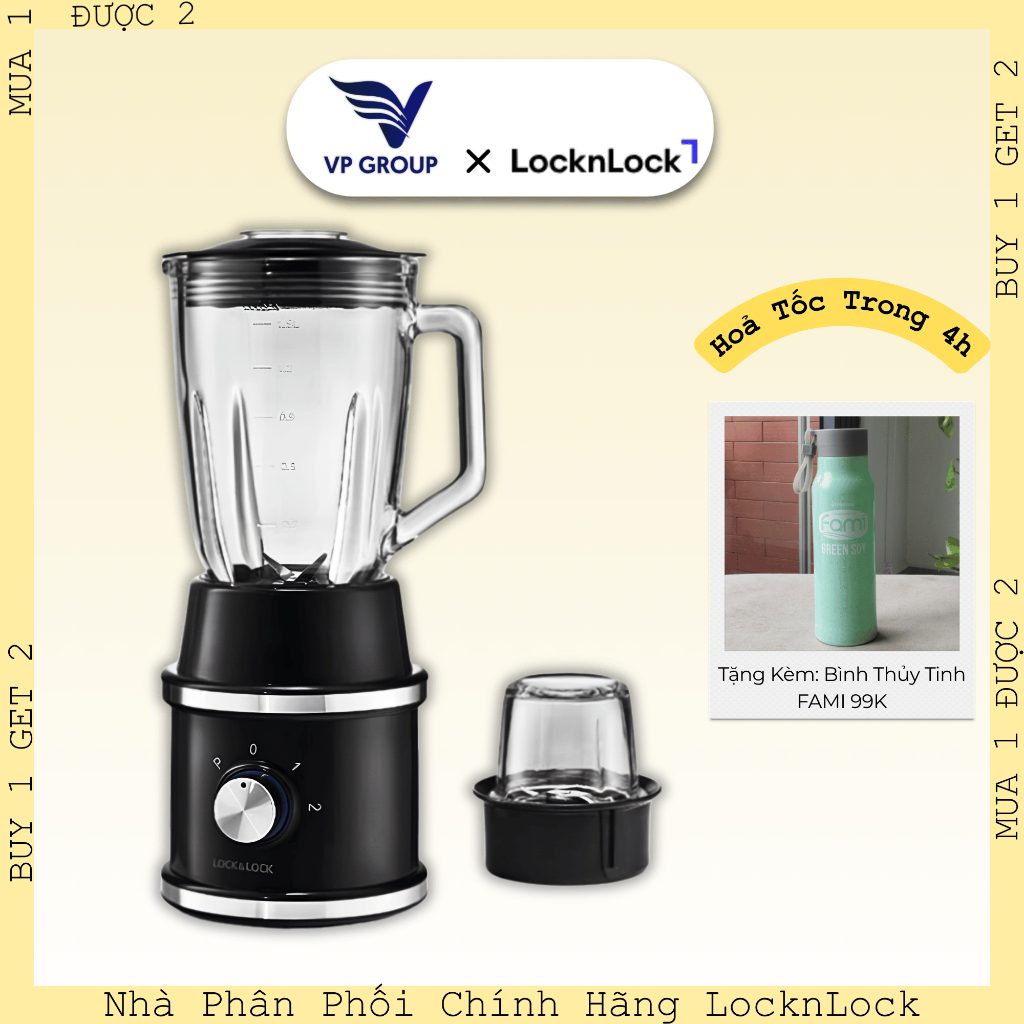 [LOCKNLOCK] Máy Xay Sinh Tố LocknLock High Speed Blender EJM376BLK – Công Suất 600W, Kèm 2 Cối Thủy 