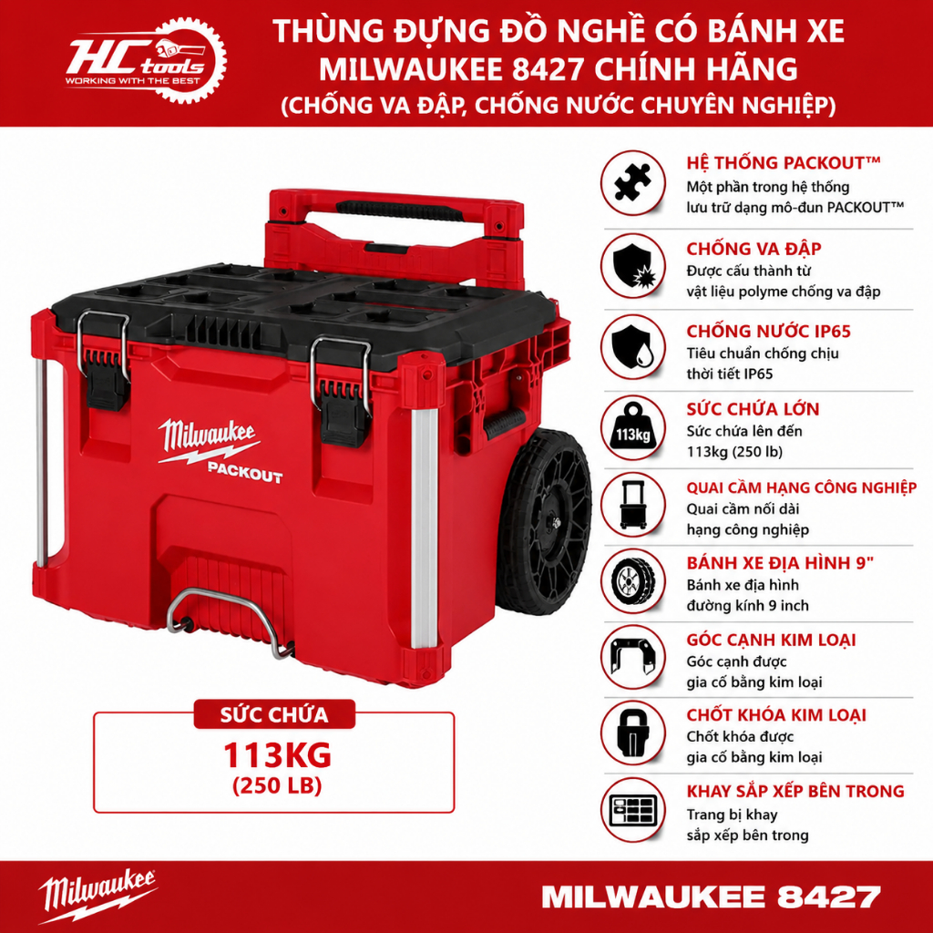 Thùng đựng đồ nghề có bánh xe Milwaukee 8427 Chính Hãng (Chống va đập, chống nước chuyên nghiệp)