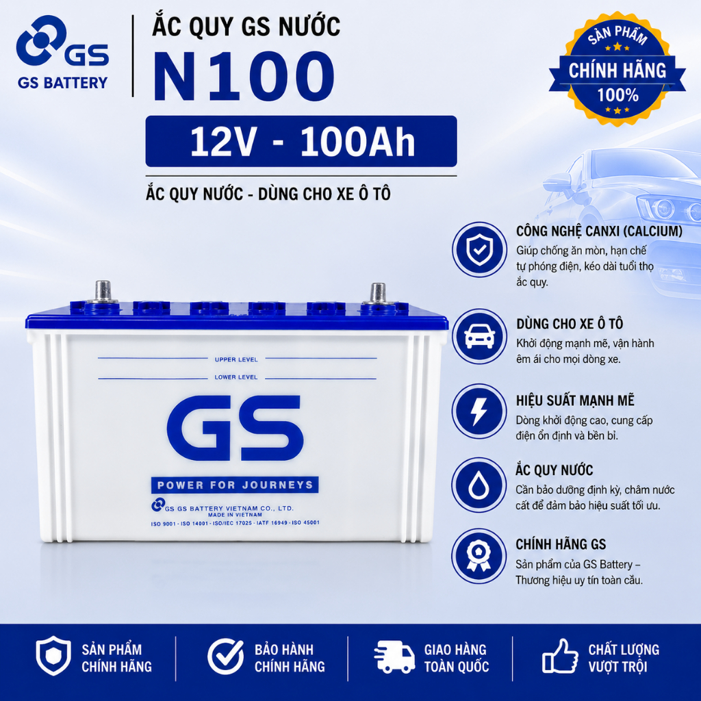 ắc quy nước 12v gs N100 | 12V - 100ah ( tặng acid châm bình ), dùng cho xe tải, máy phát điện