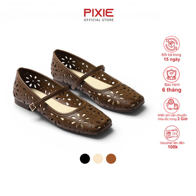 Giày Búp Bê Nữ Đế Bệt Mũi Tròn Quai Ngang Cắt Laser Hoa Pixie H412