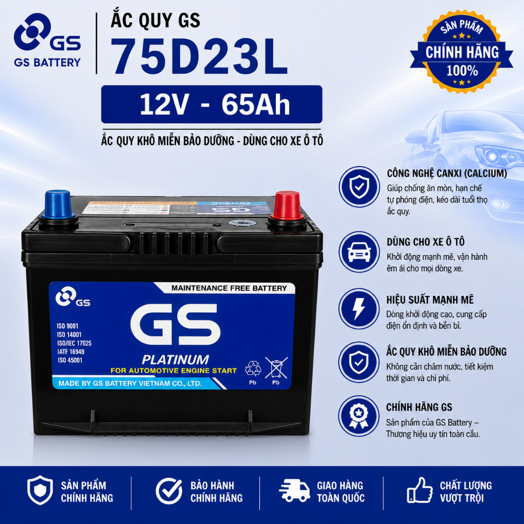 Bình ắc quy 12v miễn bảo dưỡng gs MF 75D23L (12V-65ah), dùng cho ô tô, xe tải