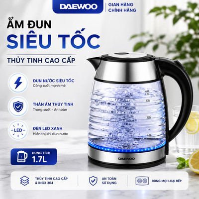Ấm siêu tốc thủy tinh cao cấp 1.7L Daewoo DWK-GL1803 thiết kế vỏ sò đèn LED độc đáo  - Hàng chính hãng BH 1 năm